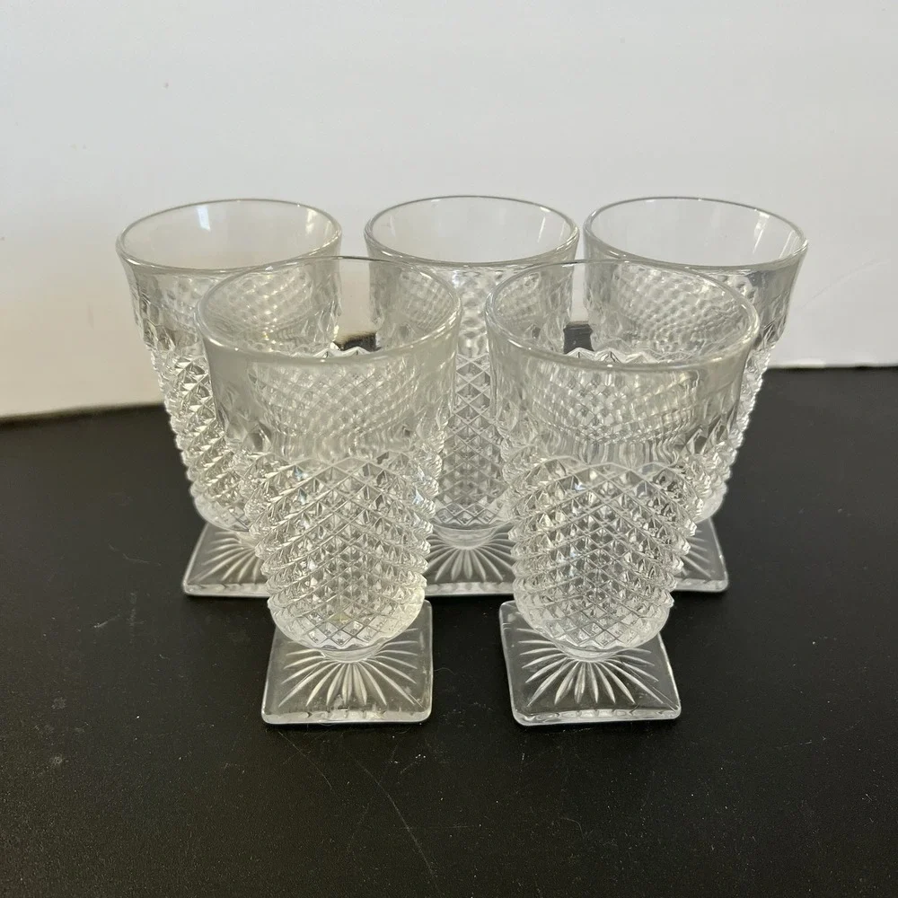 VTG Clear Diamond Point Pressed‎ Glass Footed Juice Glasses Set of 5 Square Base